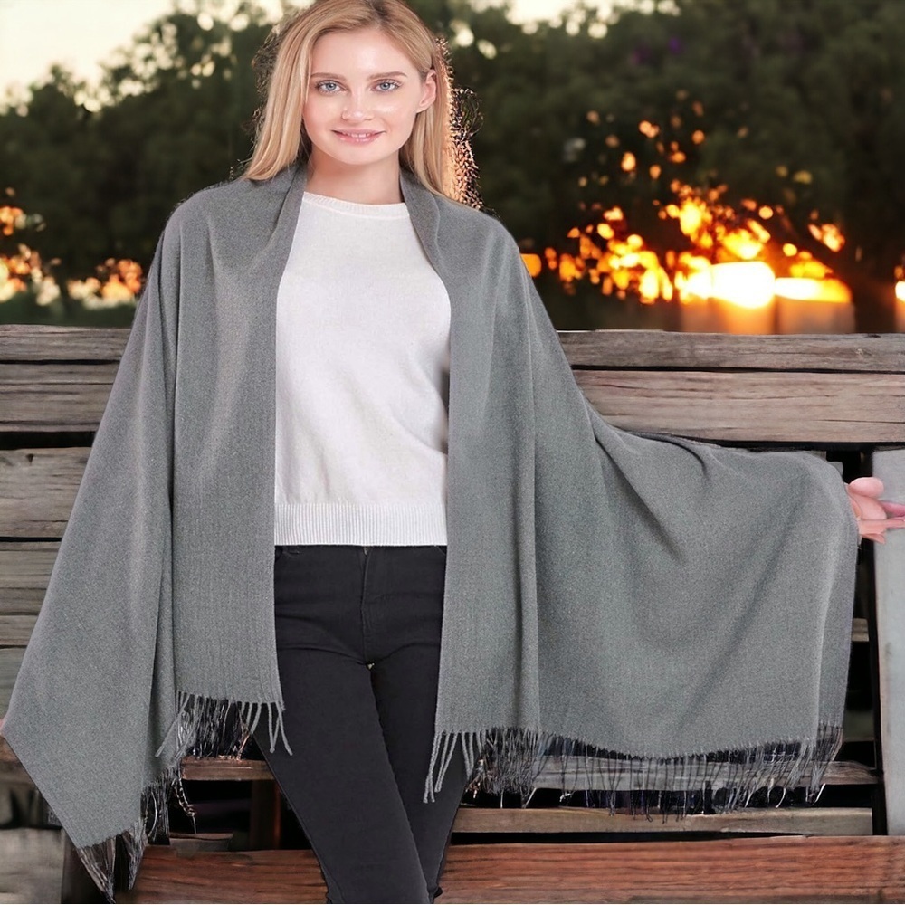 Scarf With Fringe Grey Soft Wool Women’s Scarf Neck Warmer Shawl Wrap